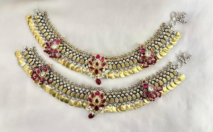 jadau stone silver payal